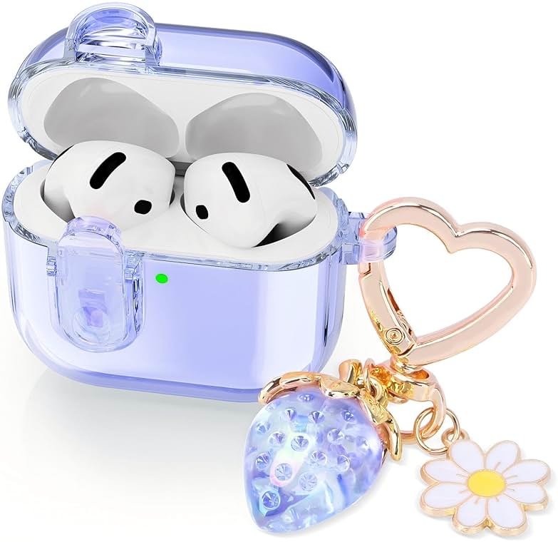 (with Safety Lock) Clear Case Compatible with Airpods 4 Cases 2024 Women, Cute Soft TPU Transparent AirPods 4th Generation Case iPods 4 Earbuds Cases Girl Strawberries Keychain for Airpod iPod 4th Gen - Product Image