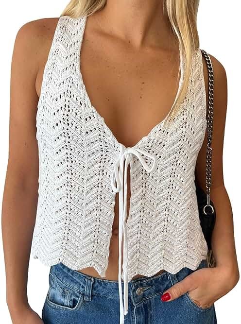 LILLUSORY Crochet Tops for Women Summer Vacation Outfits Beach Coverup Going Out Tie Front Spring Sweater Vest 2026 Fashion - Product Image