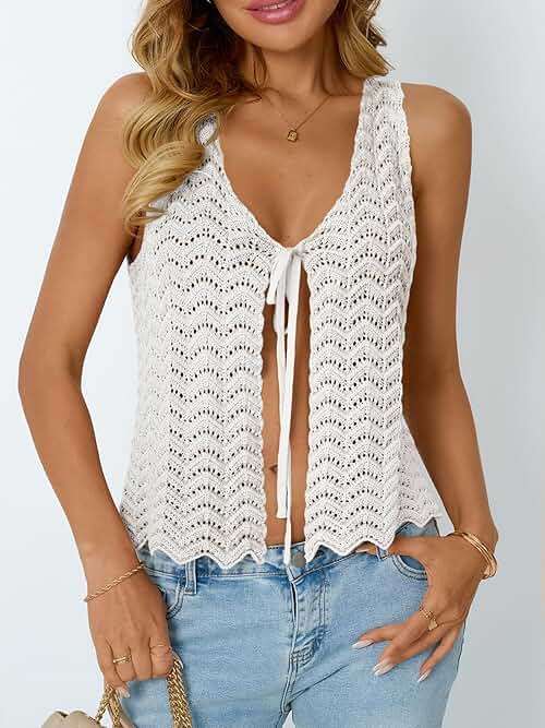 LILLUSORY Crochet Tops for Women Summer Vacation Outfits Beach Coverup Going Out Tie Front Spring Sweater Vest 2026 Fashion - Image 2