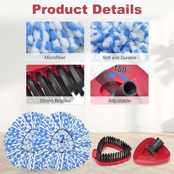 Spin Mop Replace Head, Base, Scrubber, Mop Handle for OCedar RinseClean 2-Tank System, Include 2 Microfiber Mop Refills, 1 Mop Handle, 1 Base and 1 Scrub Brush for Dry Wet Use Floor Deep Cleaning - Image 3