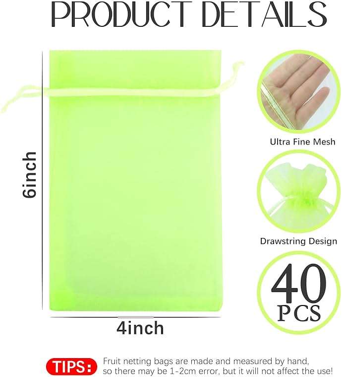 40 Pcs Fruit Protection Bags, 4x6 Inch Strawberry Bag Netting Cover, Tear Resistance Mesh Bags Drawstring, Pest Barrier Green Bags for Fruits & Vegetables, Blueberries, Cherry Tomatoes, Small Fruits - Image 2