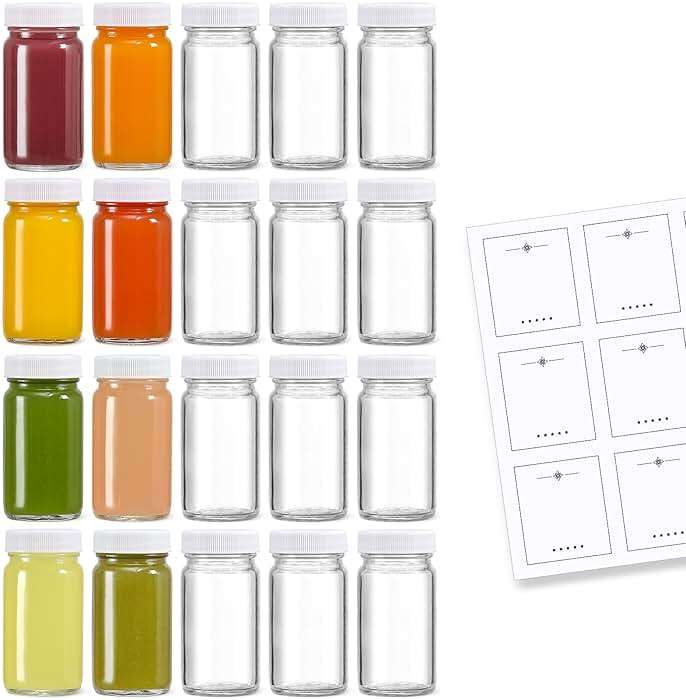 20 Pack 2 oz Glass Shot Bottles w/ White Lids & 20 Labels - Small Clear Jar for Ginger, Wellness Shot, Juice, Sample, Whiskey - Travel Essentials Mini Bottles - Wide Mouth, Leakproof, Dishwasher Safe - Image 1