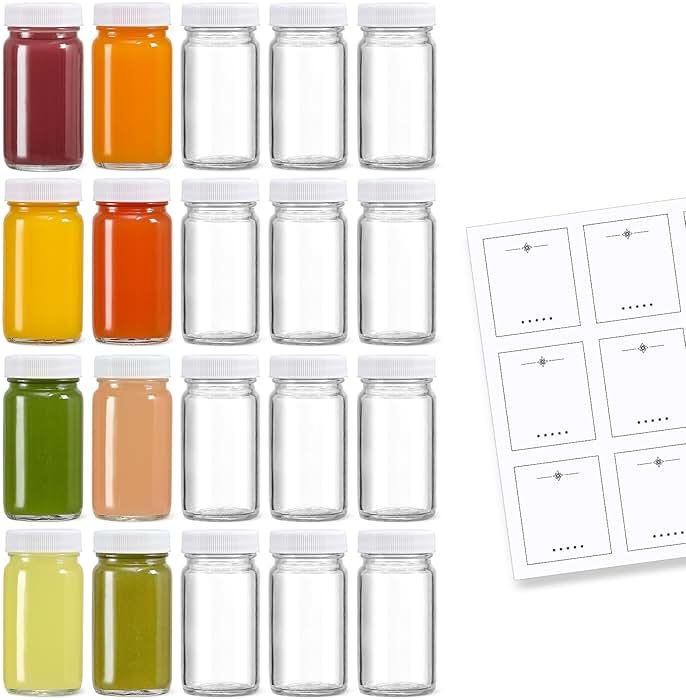 20 Pack 2 oz Glass Shot Bottles w/ White Lids & 20 Labels - Small Clear Jar for Ginger, Wellness Shot, Juice, Sample, Whiskey - Travel Essentials Mini Bottles - Wide Mouth, Leakproof, Dishwasher Safe - Product Image