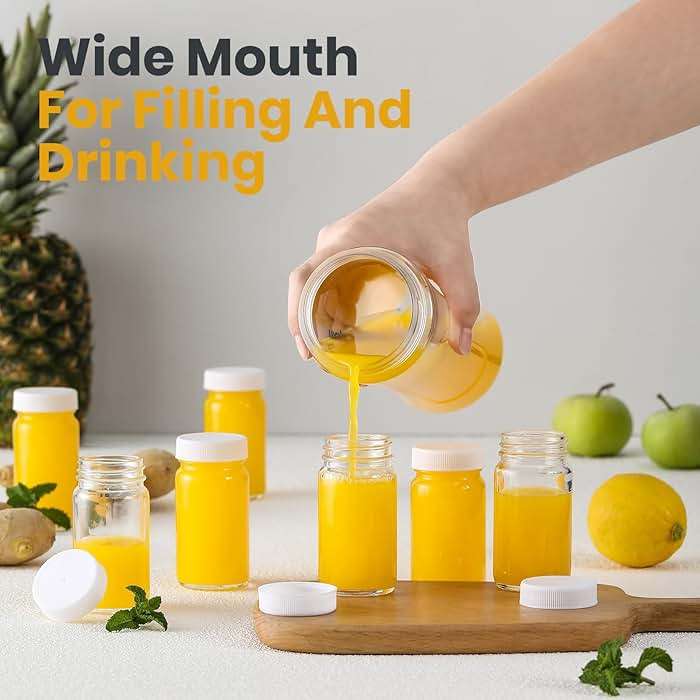 20 Pack 2 oz Glass Shot Bottles w/ White Lids & 20 Labels - Small Clear Jar for Ginger, Wellness Shot, Juice, Sample, Whiskey - Travel Essentials Mini Bottles - Wide Mouth, Leakproof, Dishwasher Safe - Image 2