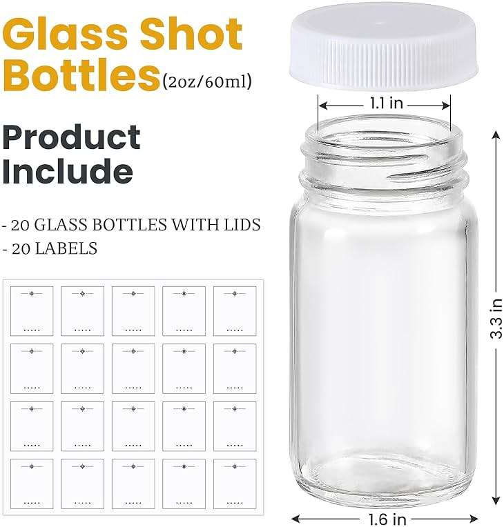 20 Pack 2 oz Glass Shot Bottles w/ White Lids & 20 Labels - Small Clear Jar for Ginger, Wellness Shot, Juice, Sample, Whiskey - Travel Essentials Mini Bottles - Wide Mouth, Leakproof, Dishwasher Safe - Image 3