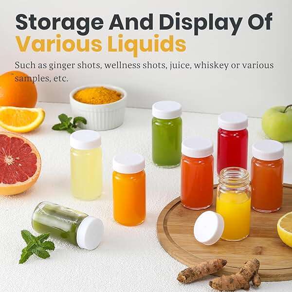 20 Pack 2 oz Glass Shot Bottles w/ White Lids & 20 Labels - Small Clear Jar for Ginger, Wellness Shot, Juice, Sample, Whiskey - Travel Essentials Mini Bottles - Wide Mouth, Leakproof, Dishwasher Safe - Image 5