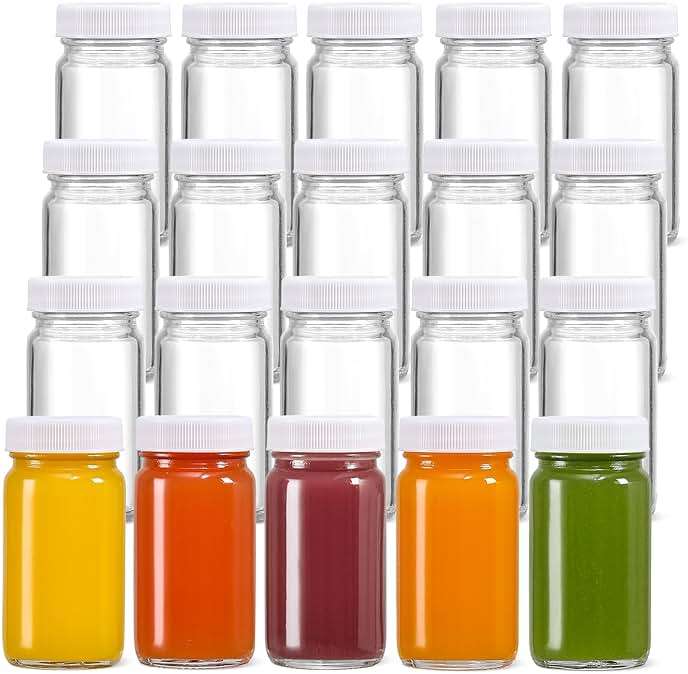 20 Pack 2 oz Glass Shot Bottles w/ White Lids & 20 Labels - Small Clear Jar for Ginger, Wellness Shot, Juice, Sample, Whiskey - Travel Essentials Mini Bottles - Wide Mouth, Leakproof, Dishwasher Safe - Image 7