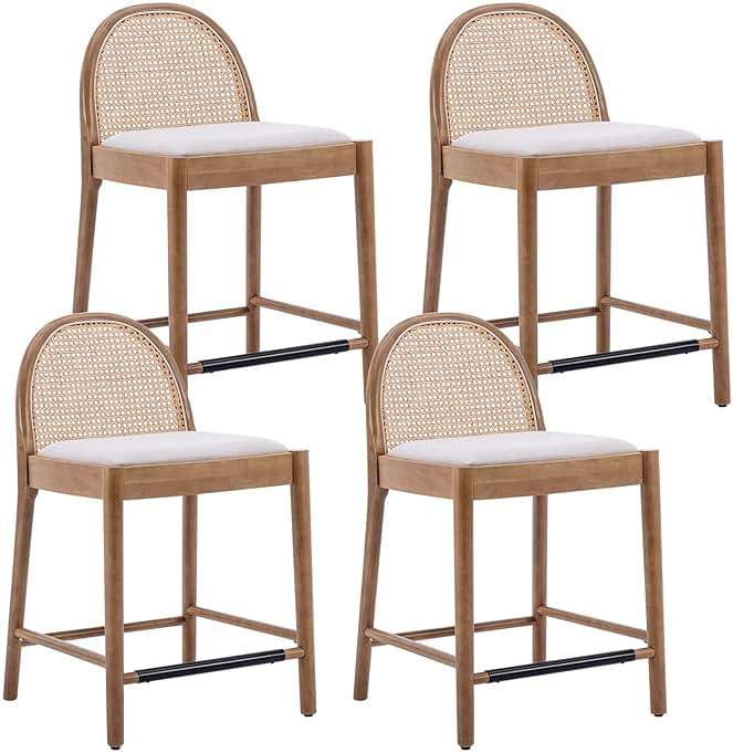 DUOMAY Modern Counter Stools Set of 4, 26 Inch Seat Height Counter Height Barstools Wooden Linen Upholstered Bar Stools with Oval Rattan Backrest Armless Kitchen Island Stool Chair, Beige - Image 1