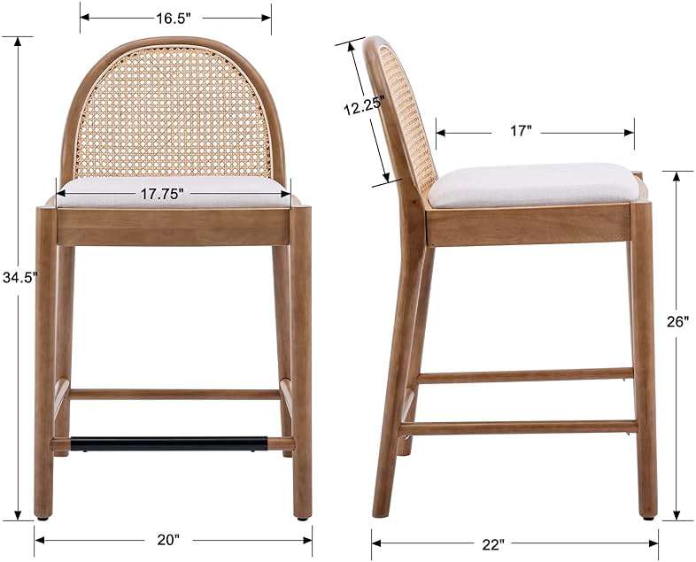 DUOMAY Modern Counter Stools Set of 4, 26 Inch Seat Height Counter Height Barstools Wooden Linen Upholstered Bar Stools with Oval Rattan Backrest Armless Kitchen Island Stool Chair, Beige - Image 3