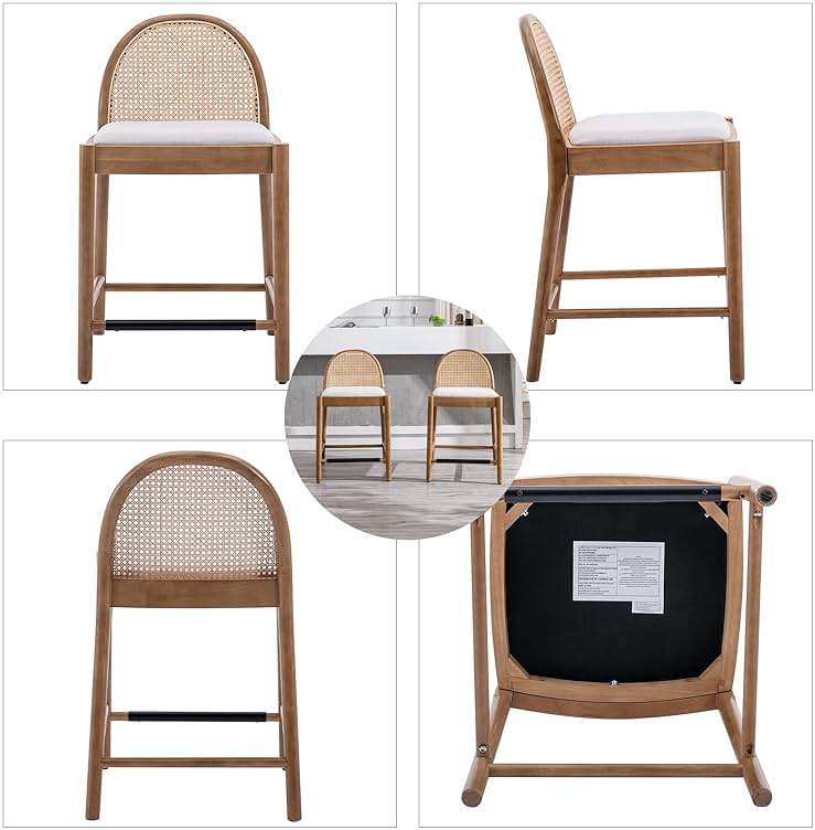 DUOMAY Modern Counter Stools Set of 4, 26 Inch Seat Height Counter Height Barstools Wooden Linen Upholstered Bar Stools with Oval Rattan Backrest Armless Kitchen Island Stool Chair, Beige - Image 4
