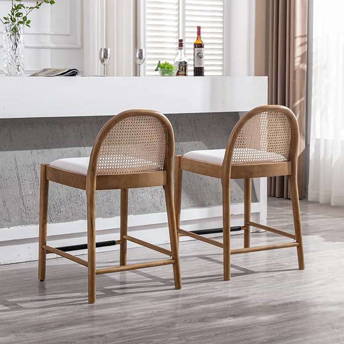 DUOMAY Modern Counter Stools Set of 4, 26 Inch Seat Height Counter Height Barstools Wooden Linen Upholstered Bar Stools with Oval Rattan Backrest Armless Kitchen Island Stool Chair, Beige - Image 9