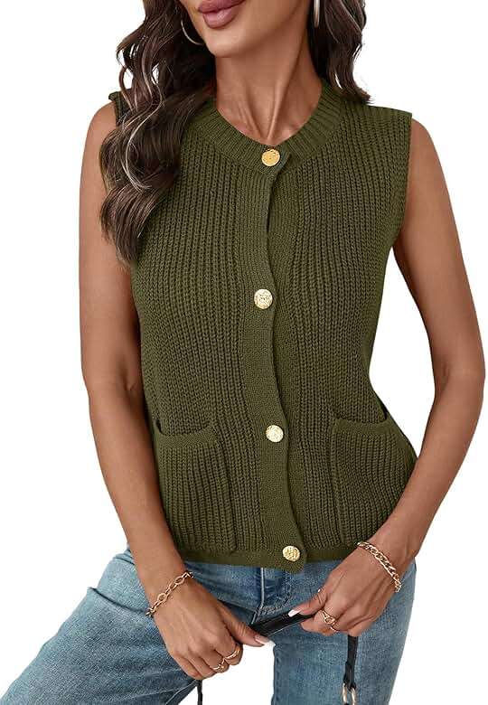 LUYAA Green Sweater Women Button Round Neck Knit Vest Top Trendy Casual Cardigan 2025 Spring Sweater Army Green L - Image 1