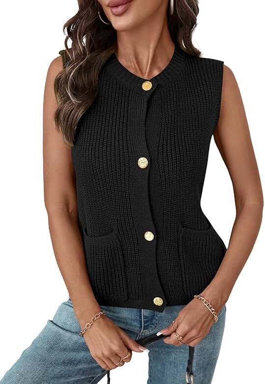 LUYAA Sweater Vest Women Button Round Neck Knit Vest Top Trendy Spring Summer Trendy Outfits Black S - Product Image