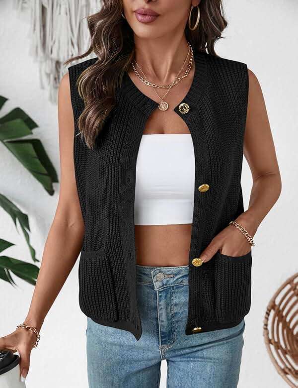 LUYAA Sweater Vest Women Button Round Neck Knit Vest Top Trendy Spring Summer Trendy Outfits Black S - Image 2