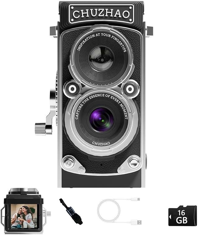 CHUZHAO Vintage Mini Digital Camera, Portable TLR Style Retro Point and Shoot Compact Small Pocket 1080P FHD Video 12MP Autofocus Vlogging Camera with 16 GB Card for Beginners Teens Adults Black - Product Image