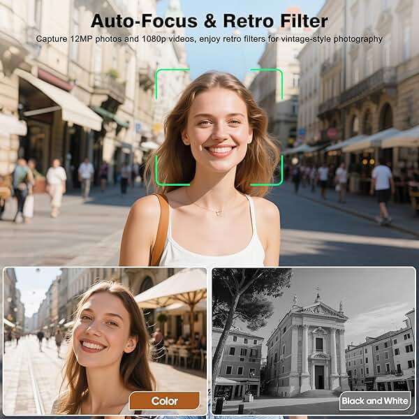 CHUZHAO Vintage Mini Digital Camera, Portable TLR Style Retro Point and Shoot Compact Small Pocket 1080P FHD Video 12MP Autofocus Vlogging Camera with 16 GB Card for Beginners Teens Adults Black - Image 4