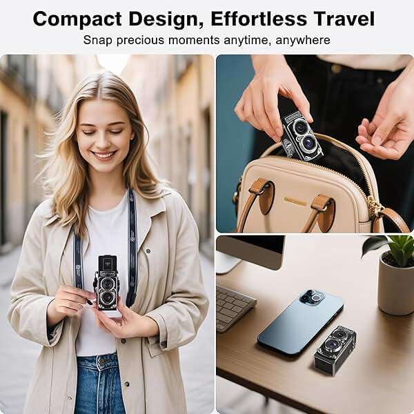 CHUZHAO Vintage Mini Digital Camera, Portable TLR Style Retro Point and Shoot Compact Small Pocket 1080P FHD Video 12MP Autofocus Vlogging Camera with 16 GB Card for Beginners Teens Adults Black - Image 5