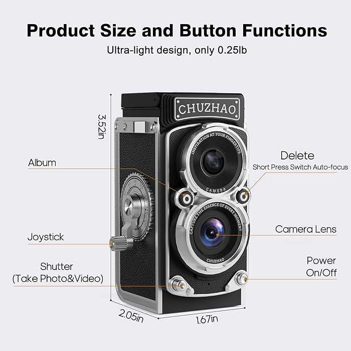 CHUZHAO Vintage Mini Digital Camera, Portable TLR Style Retro Point and Shoot Compact Small Pocket 1080P FHD Video 12MP Autofocus Vlogging Camera with 16 GB Card for Beginners Teens Adults Black - Image 6