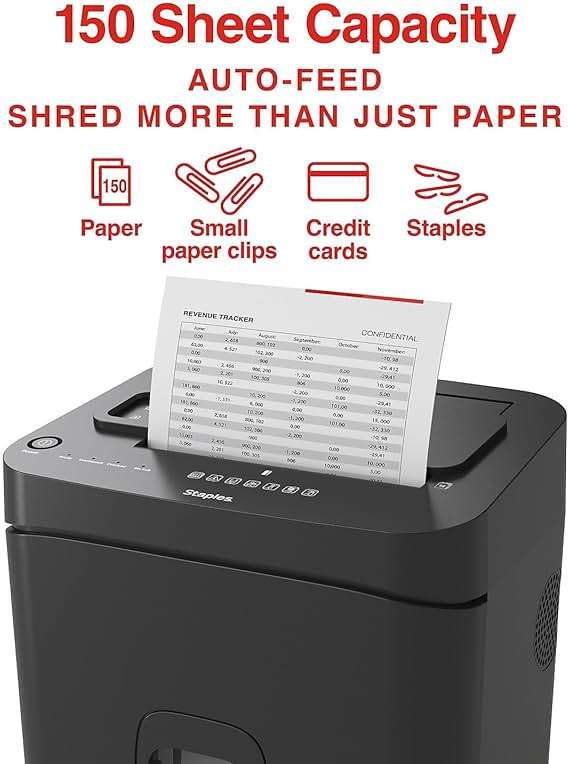 Staples 150-Sheet Micro-Cut Paper Shredder, Autofeed, Anti-Jam, 7.4-Gallon Pull-Out Bin, Black, for Home & Office, Black - Image 3