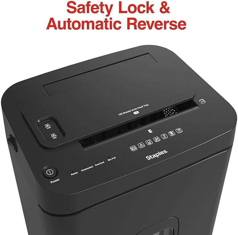 Staples 150-Sheet Micro-Cut Paper Shredder, Autofeed, Anti-Jam, 7.4-Gallon Pull-Out Bin, Black, for Home & Office, Black - Image 6