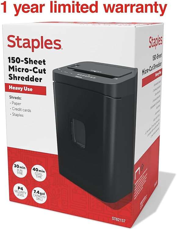 Staples 150-Sheet Micro-Cut Paper Shredder, Autofeed, Anti-Jam, 7.4-Gallon Pull-Out Bin, Black, for Home & Office, Black - Image 7