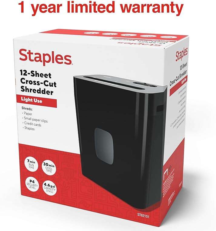 Staples 12-Sheet Cross-Cut Paper Shredder, Shreds Credit Cards/Staples, Quiet Home Office Paper Shredder, Auto Start/Stop, Anti-Jam, 4.25 Gallon, Black - Image 6