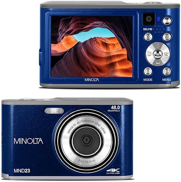 Minolta 48MP Digital Camera with Rear Selfie Lens – 4K Ultra HD Video, 2.8" LCD Screen, 16X Digital Zoom, Autofocus, Slow Motion, Time Lapse, Filters, Scene Modes, 32GB Card Included (Blue) - Product Image