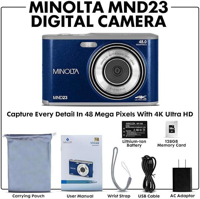 Minolta 48MP Digital Camera with Rear Selfie Lens – 4K Ultra HD Video, 2.8" LCD Screen, 16X Digital Zoom, Autofocus, Slow Motion, Time Lapse, Filters, Scene Modes, 32GB Card Included (Blue) - Image 2