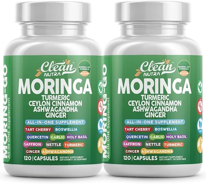 Moringa Powder Capsules + Turmeric Moringa Leaf Ceylon Cinnamon Ashwagandha Ginger Tart Cherry Boswellia Quercetin Garlic Holy Basil Saffron Nettle Black Pepper Moring-Go Supplement By Clean Nutra (2) - Product Image