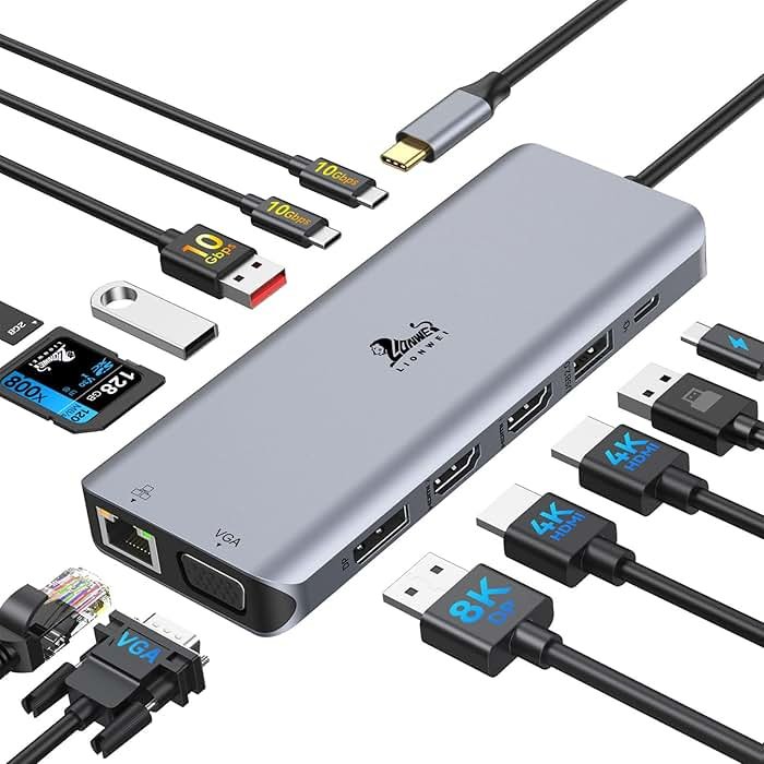 Laptop Docking Station 4 Monitors, Dual HDMI+8K DP+VGA, 10Gbps, 100W PD, 6 USB C/A Ports, Ethernet, SD/TF, LIONWEI 13 in 1 USB C Hub for MacBook/Dell/HP/Surface - Product Image