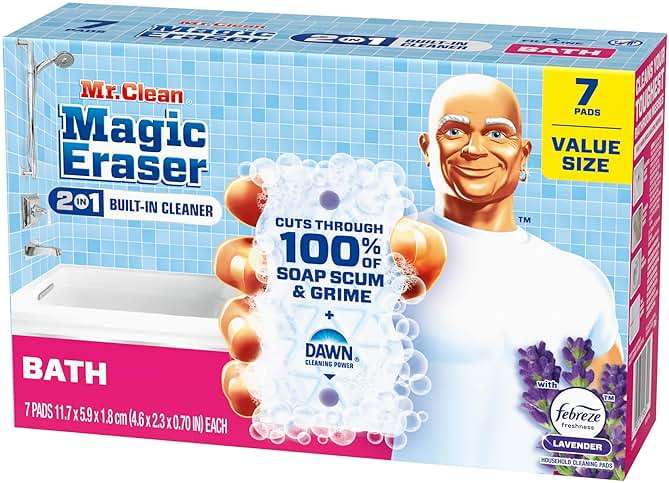 Mr. Clean Magic Eraser Sponge, Bathroom Cleaner, Shower Cleaner, Tub Cleaner, Soap Scum Remover, Bathroom Cleaning Supplies, Dawn Cleaning Power with Febreze Lavender Scent, 2 in 1 Bath, 7ct - Image 11