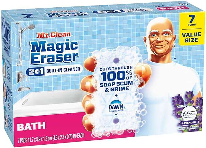 Mr. Clean Magic Eraser Sponge, Bathroom Cleaner, Shower Cleaner, Tub Cleaner, Soap Scum Remover, Bathroom Cleaning Supplies, Dawn Cleaning Power with Febreze Lavender Scent, 2 in 1 Bath, 7ct - Image 12