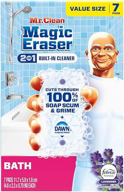 Mr. Clean Magic Eraser Sponge, Bathroom Cleaner, Shower Cleaner, Tub Cleaner, Soap Scum Remover, Bathroom Cleaning Supplies, Dawn Cleaning Power with Febreze Lavender Scent, 2 in 1 Bath, 7ct - Image 13