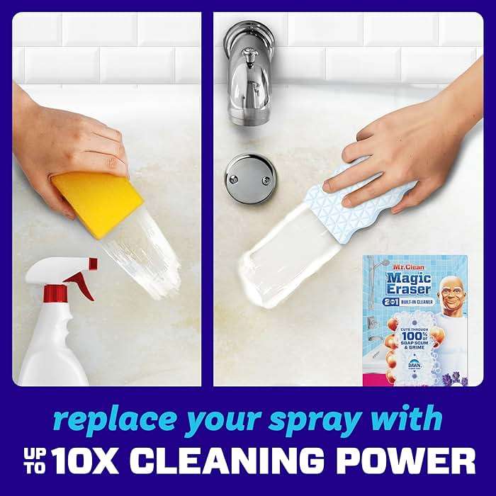 Mr. Clean Magic Eraser Sponge, Bathroom Cleaner, Shower Cleaner, Tub Cleaner, Soap Scum Remover, Bathroom Cleaning Supplies, Dawn Cleaning Power with Febreze Lavender Scent, 2 in 1 Bath, 7ct - Image 3
