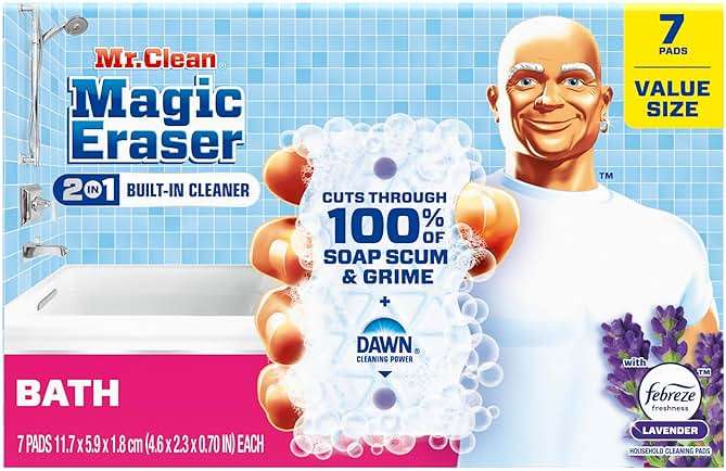 Mr. Clean Magic Eraser Sponge, Bathroom Cleaner, Shower Cleaner, Tub Cleaner, Soap Scum Remover, Bathroom Cleaning Supplies, Dawn Cleaning Power with Febreze Lavender Scent, 2 in 1 Bath, 7ct - Image 10