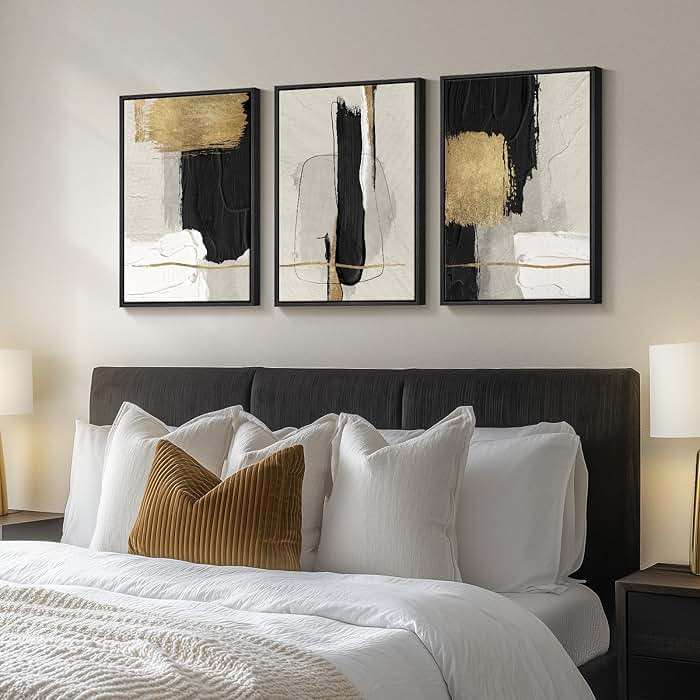 Framed Black and White Abstract Wall Art, 3 Piece Canvas Prints Paintings Artwork for Walls, Modern Minimalist Gold Beige Block Pictures for Living Room Hallway Office Wall Decor 16x24 Inch - Image 3