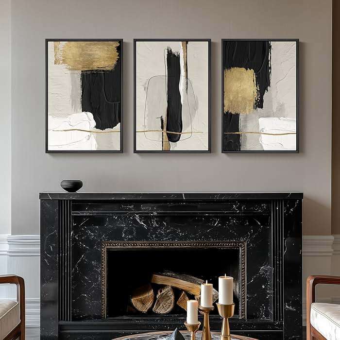 Framed Black and White Abstract Wall Art, 3 Piece Canvas Prints Paintings Artwork for Walls, Modern Minimalist Gold Beige Block Pictures for Living Room Hallway Office Wall Decor 16x24 Inch - Image 4