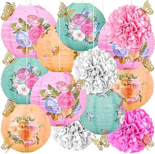 33Pcs Tea Party Decorations Paper Lantern Tissue Pom Pom Gold Butterfly Garden Decoration Hanging Decor for Birthday Bridal Shower Wedding - Product Image