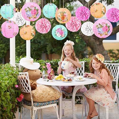 33Pcs Tea Party Decorations Paper Lantern Tissue Pom Pom Gold Butterfly Garden Decoration Hanging Decor for Birthday Bridal Shower Wedding - Image 2