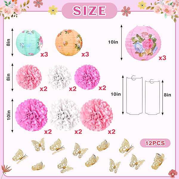 33Pcs Tea Party Decorations Paper Lantern Tissue Pom Pom Gold Butterfly Garden Decoration Hanging Decor for Birthday Bridal Shower Wedding - Image 3