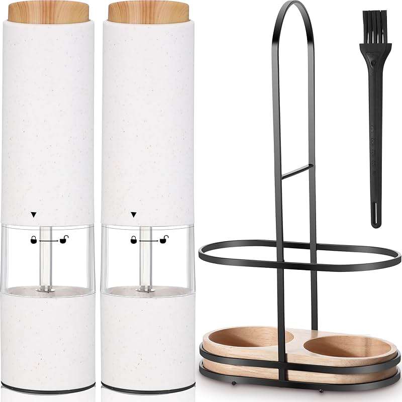 Threlaco Electric Salt and Pepper Grinder Set with 1 Portable Spill Proof Base 2 Packs Battery Operated Salt Pepper shakers with Adjustable Coarseness Light Wheat Straw Grinder for Kitchen(White) - Image 1