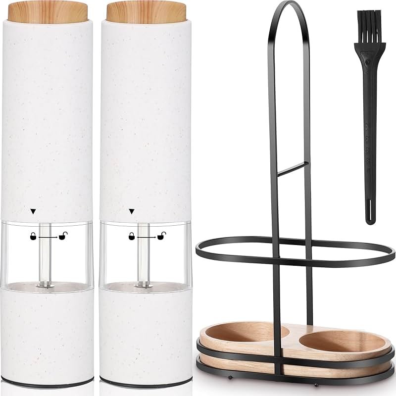 Threlaco Electric Salt and Pepper Grinder Set with 1 Portable Spill Proof Base 2 Packs Battery Operated Salt Pepper shakers with Adjustable Coarseness Light Wheat Straw Grinder for Kitchen(White) - Product Image