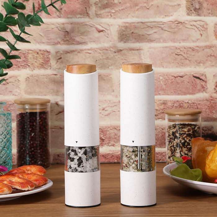 Threlaco Electric Salt and Pepper Grinder Set with 1 Portable Spill Proof Base 2 Packs Battery Operated Salt Pepper shakers with Adjustable Coarseness Light Wheat Straw Grinder for Kitchen(White) - Image 2