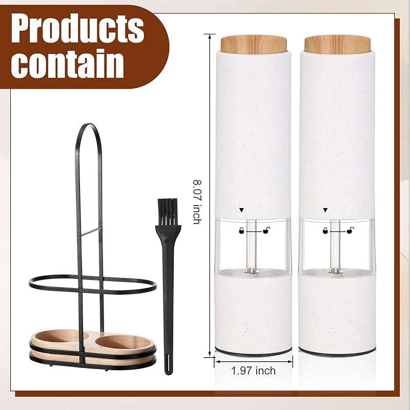 Threlaco Electric Salt and Pepper Grinder Set with 1 Portable Spill Proof Base 2 Packs Battery Operated Salt Pepper shakers with Adjustable Coarseness Light Wheat Straw Grinder for Kitchen(White) - Image 3