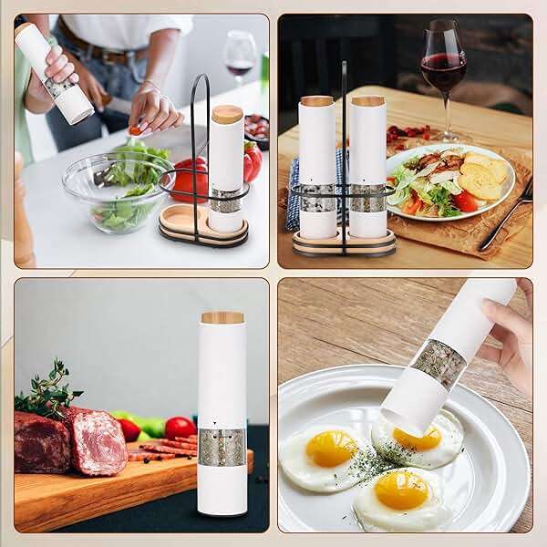 Threlaco Electric Salt and Pepper Grinder Set with 1 Portable Spill Proof Base 2 Packs Battery Operated Salt Pepper shakers with Adjustable Coarseness Light Wheat Straw Grinder for Kitchen(White) - Image 4