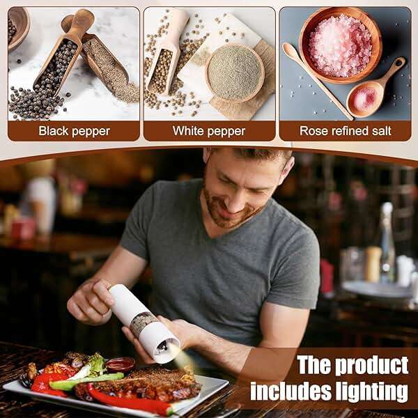 Threlaco Electric Salt and Pepper Grinder Set with 1 Portable Spill Proof Base 2 Packs Battery Operated Salt Pepper shakers with Adjustable Coarseness Light Wheat Straw Grinder for Kitchen(White) - Image 5