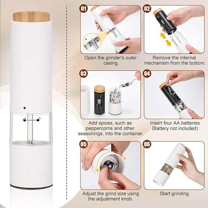 Threlaco Electric Salt and Pepper Grinder Set with 1 Portable Spill Proof Base 2 Packs Battery Operated Salt Pepper shakers with Adjustable Coarseness Light Wheat Straw Grinder for Kitchen(White) - Image 6