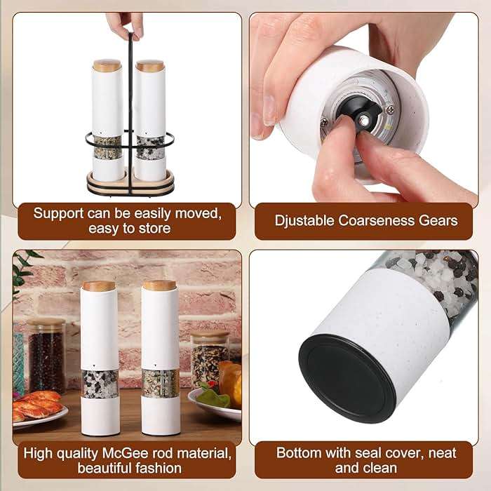 Threlaco Electric Salt and Pepper Grinder Set with 1 Portable Spill Proof Base 2 Packs Battery Operated Salt Pepper shakers with Adjustable Coarseness Light Wheat Straw Grinder for Kitchen(White) - Image 7
