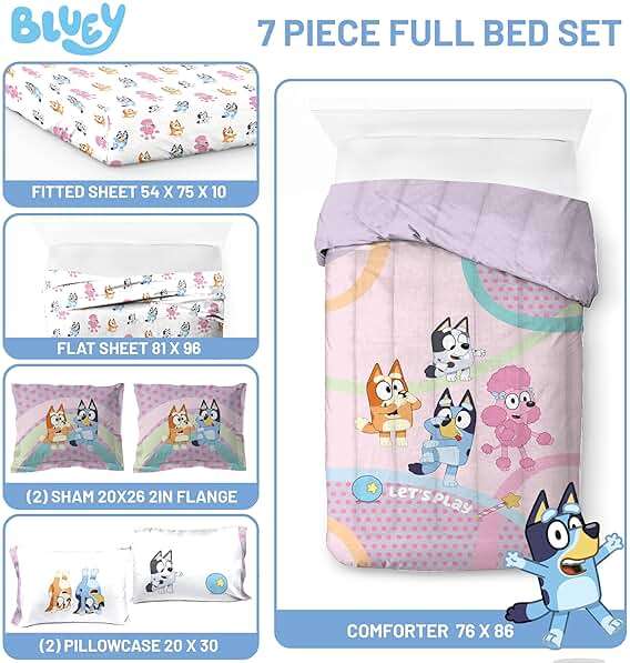 Jay Franco Kids Bed Set, Pink, Bluey, 7 Piece Full | Cozy Soft Bedding for Stylish Room Décor with Comforter, Sheets & Pillow Covers - Image 4