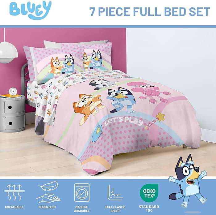 Jay Franco Kids Bed Set, Pink, Bluey, 7 Piece Full | Cozy Soft Bedding for Stylish Room Décor with Comforter, Sheets & Pillow Covers - Image 5
